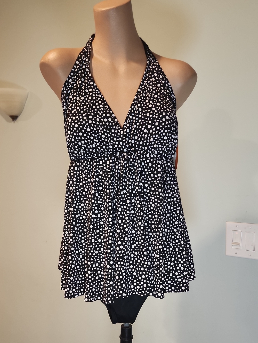 NWT Catalina Black & White Polka Dot Halter Swimdress SZ XL 16-18